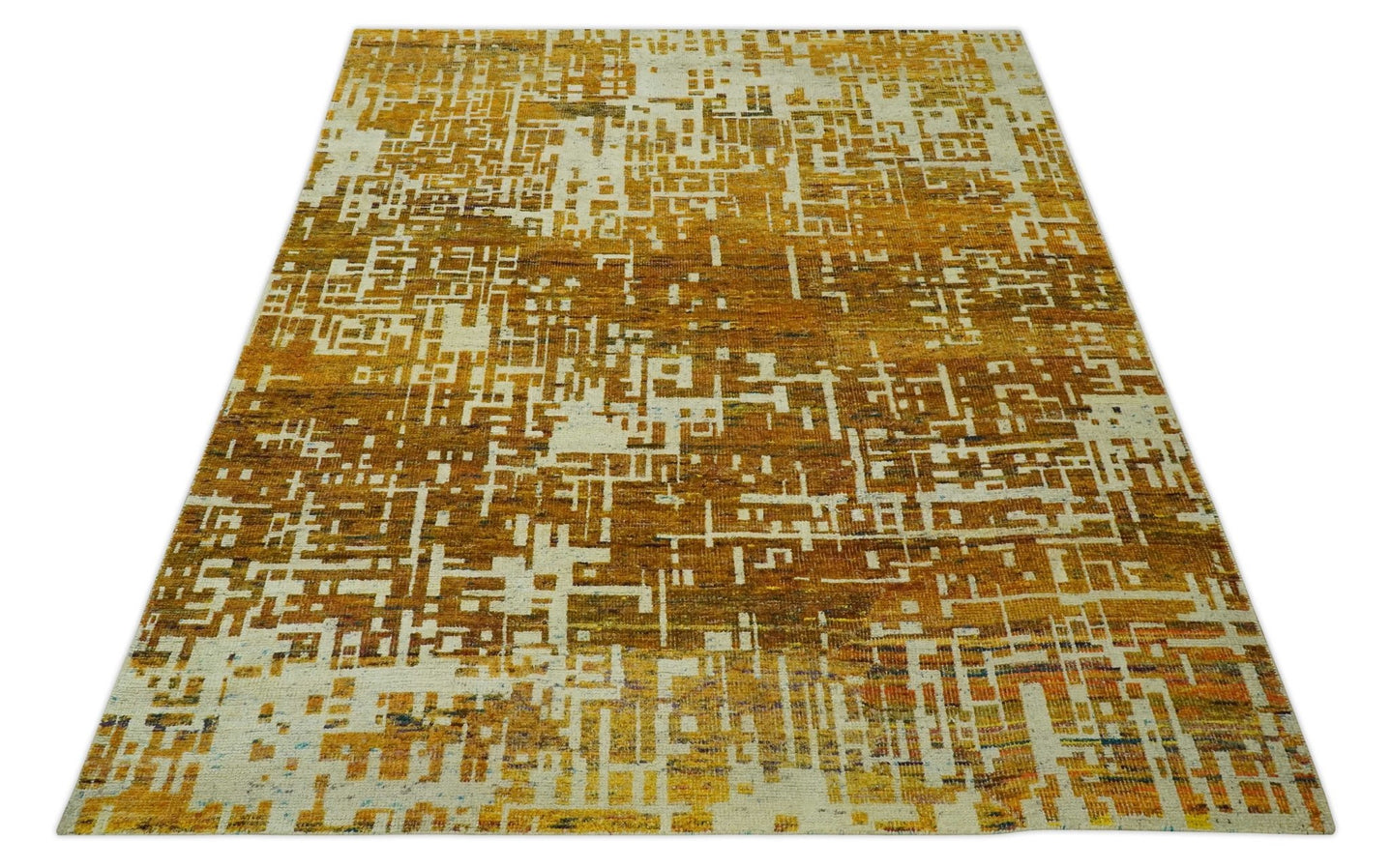 Modern Abstract 8x10 Gold, Rust and Ivory Hand Knotted Recycled Art Silk Rug - The Rug Decor