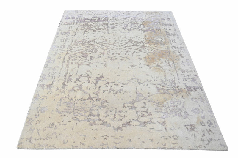 Modern Abstract Beige, Purple and Silver Hand Knotted 5x7 wool and Bamboo Silk Area Rug - The Rug Decor