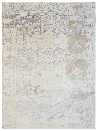 Modern Abstract Beige, Purple and Silver Hand Knotted 5x7 wool and Bamboo Silk Area Rug - The Rug Decor