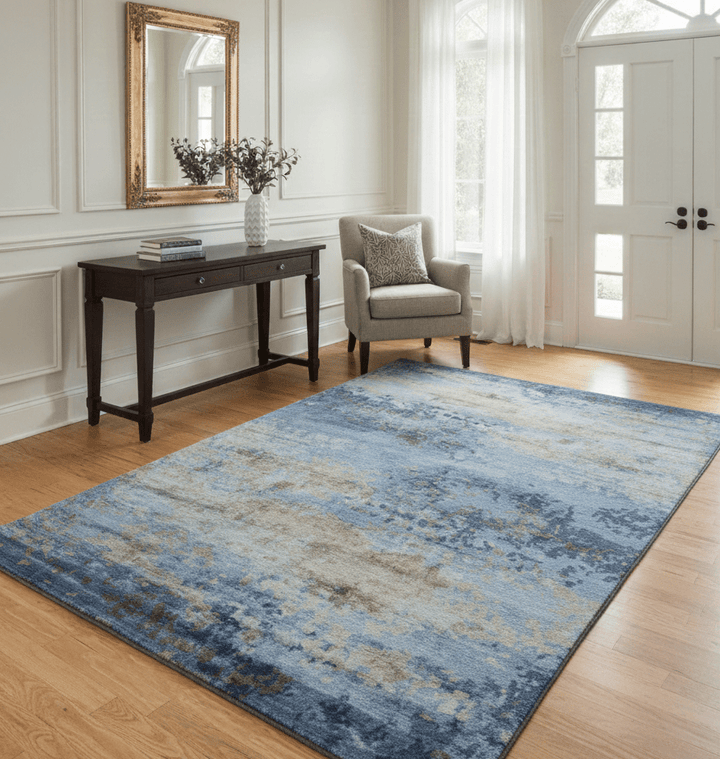 Modern Abstract Blue And Beige 4x6 Hand Knotted Bamboo Silk Rug - The Rug Decor