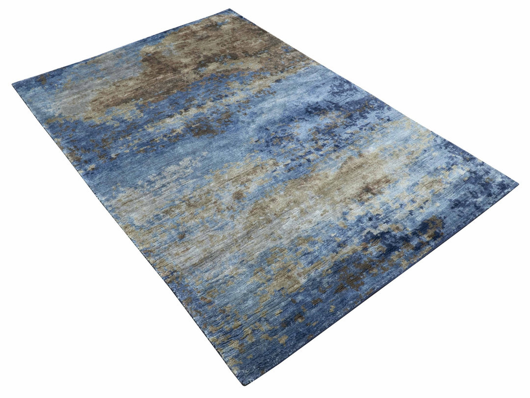 Modern Abstract Blue And Beige 4x6 Hand Knotted Bamboo Silk Rug - The Rug Decor