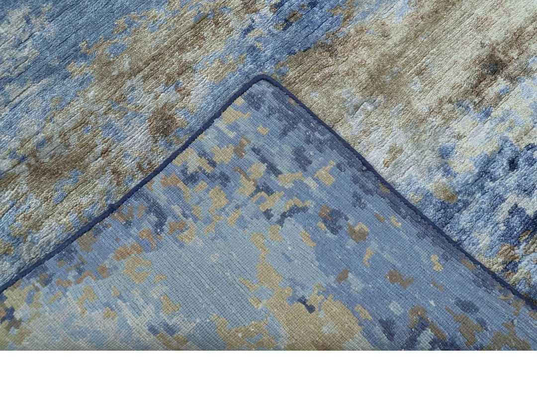 Modern Abstract Blue And Beige 4x6 Hand Knotted Bamboo Silk Rug - The Rug Decor