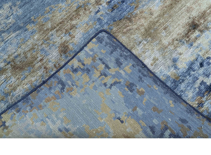 Modern Abstract Blue And Beige 4x6 Hand Knotted Bamboo Silk Rug - The Rug Decor