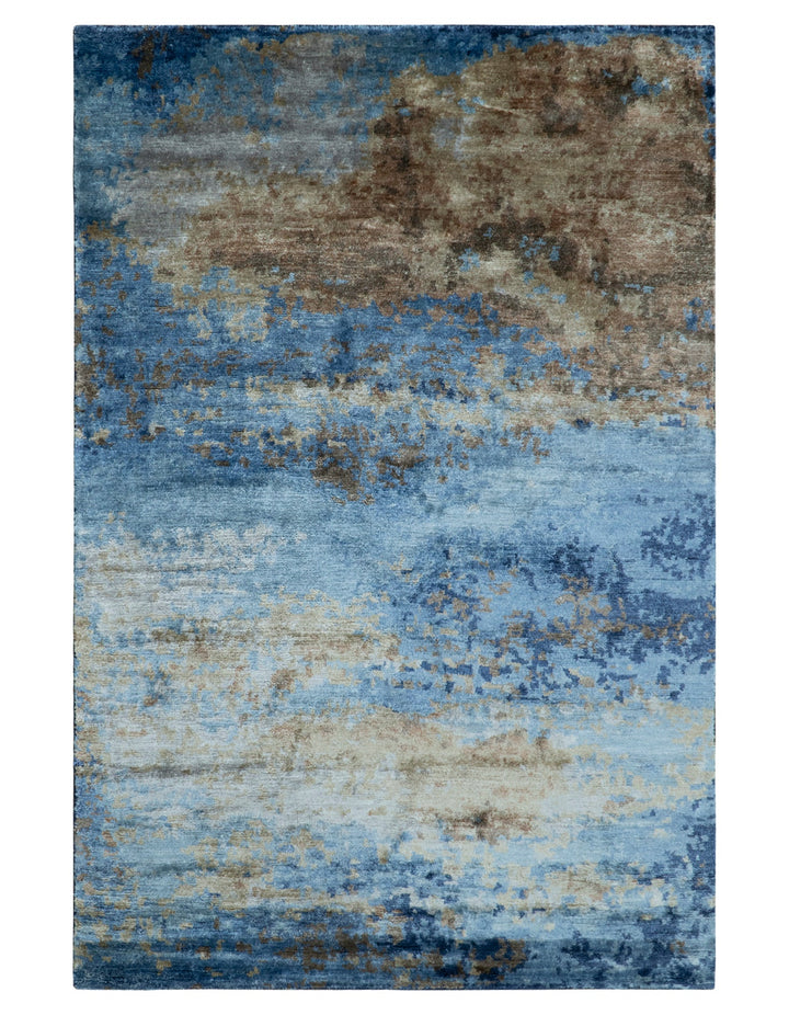 Modern Abstract Blue And Beige 4x6 Hand Knotted Bamboo Silk Rug - The Rug Decor