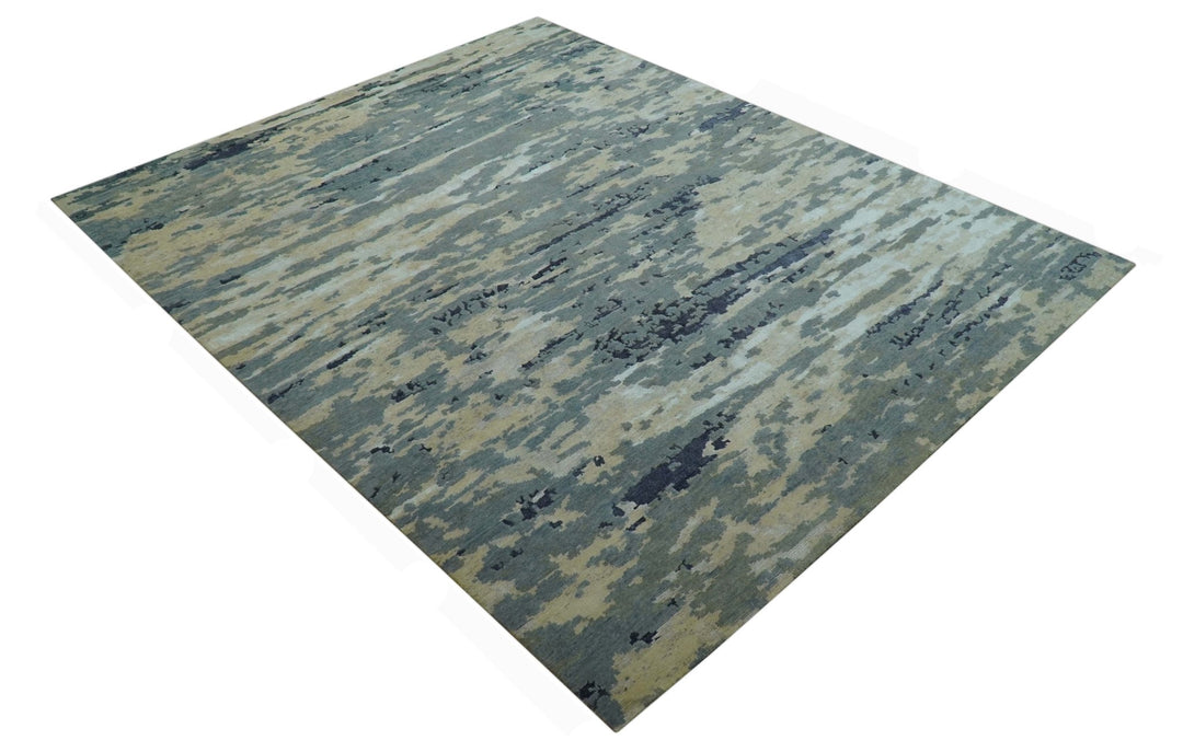 Modern Abstract Blue And Beige Hand Knotted 8x10 Wool And Bamboo Silk Rug - The Rug Decor