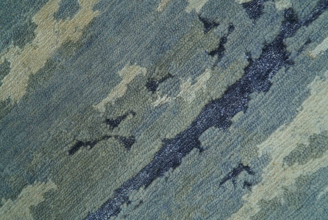 Modern Abstract Blue And Beige Hand Knotted 8x10 Wool And Bamboo Silk Rug - The Rug Decor