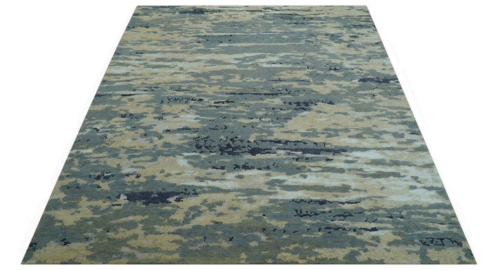 Modern Abstract Blue And Beige Hand Knotted 8x10 Wool And Bamboo Silk Rug - The Rug Decor