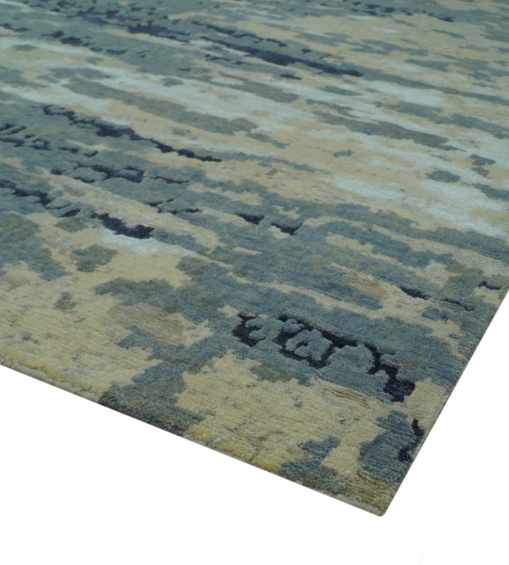 Modern Abstract Blue And Beige Hand Knotted 8x10 Wool And Bamboo Silk Rug - The Rug Decor