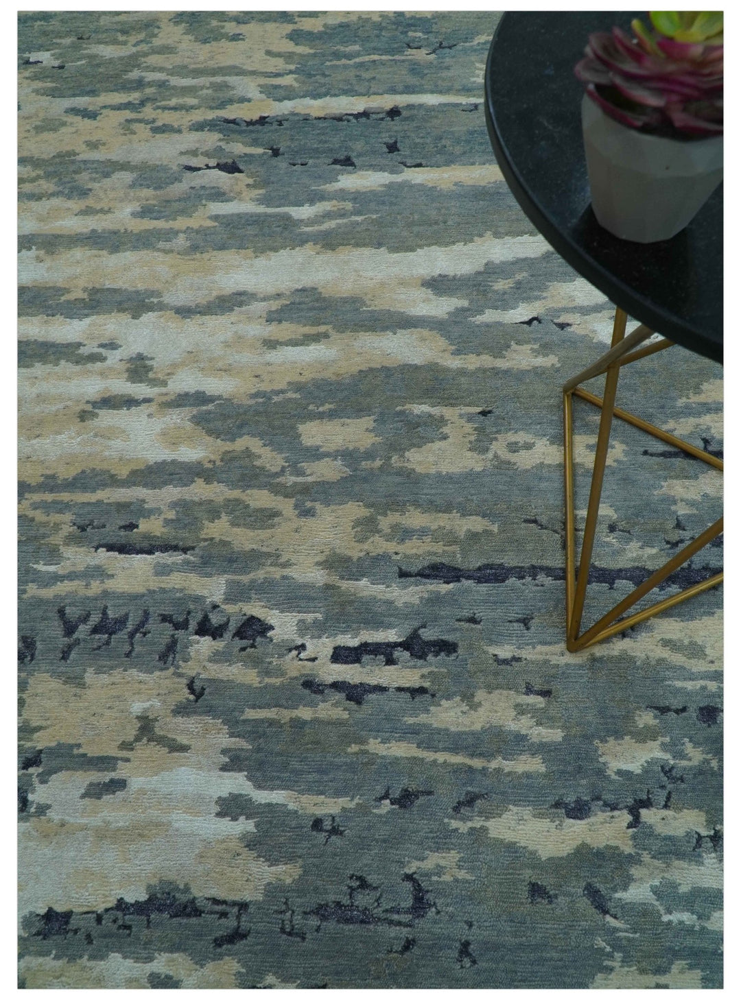 Modern Abstract Blue And Beige Hand Knotted 8x10 Wool And Bamboo Silk Rug - The Rug Decor