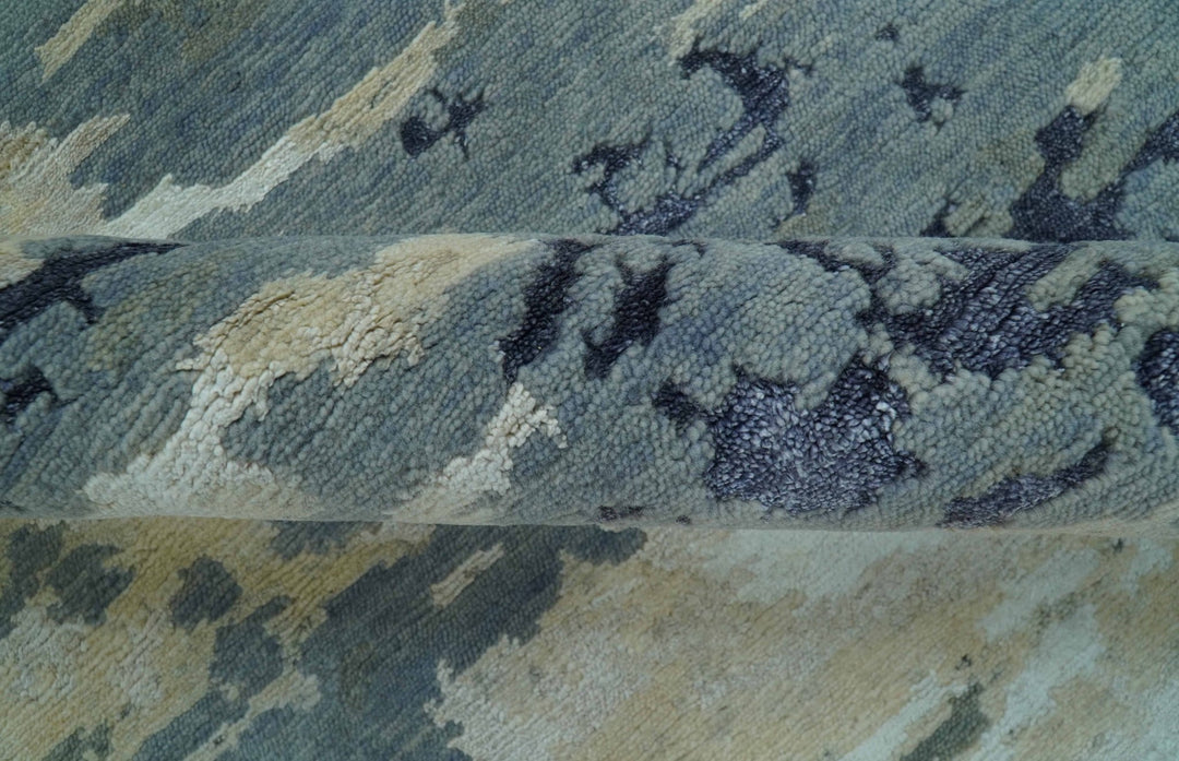 Modern Abstract Blue And Beige Hand Knotted 8x10 Wool And Bamboo Silk Rug - The Rug Decor