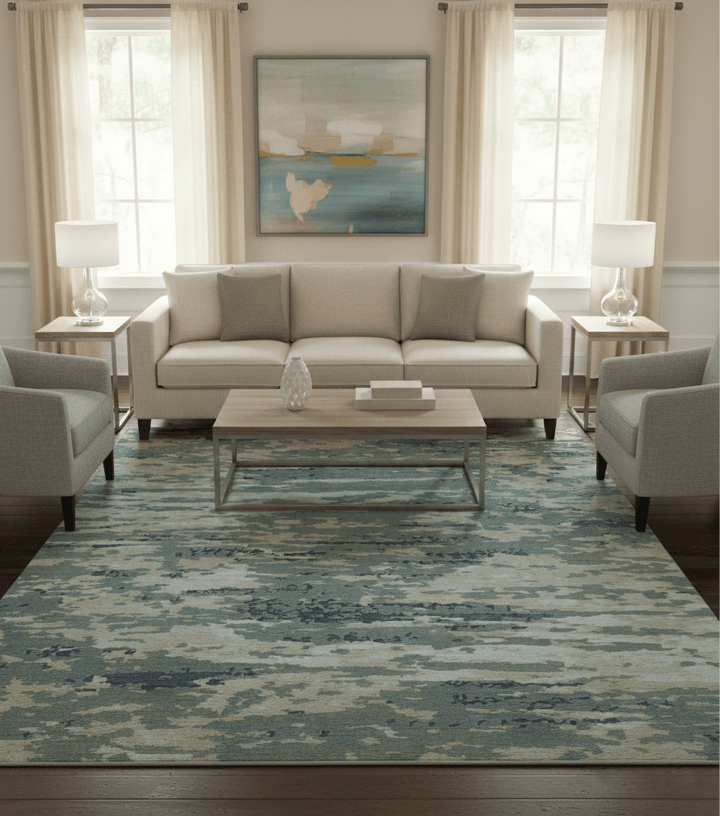 Modern Abstract Blue And Beige Hand Knotted 8x10 Wool And Bamboo Silk Rug - The Rug Decor