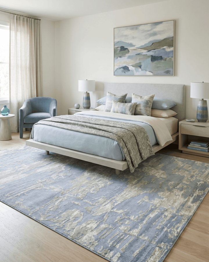 Modern Abstract Blue And Beige Hand loom 8x10 Viscose Area Rug - The Rug Decor