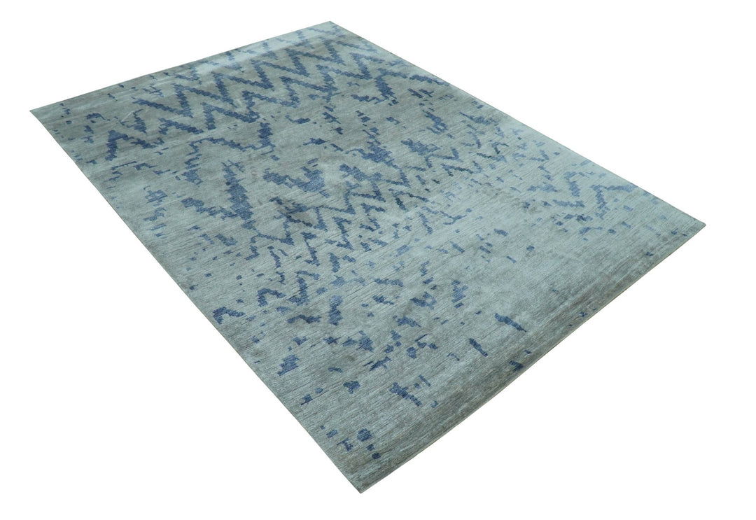 Modern Abstract Blue And Gray Hand Knotted 6x9 Bamboo Silk Area Rug - The Rug Decor