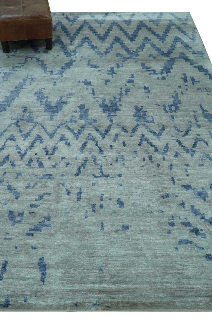 Modern Abstract Blue And Gray Hand Knotted 6x9 Bamboo Silk Area Rug - The Rug Decor
