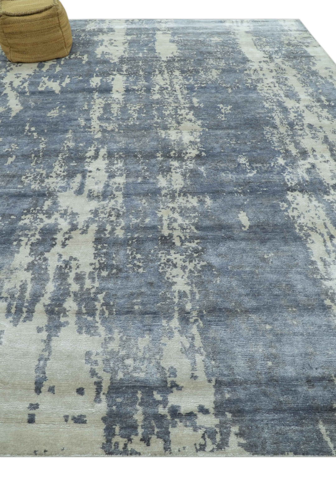 Modern Abstract Blue And Ivory Hand Knotted Wool Area Rug - The Rug Decor