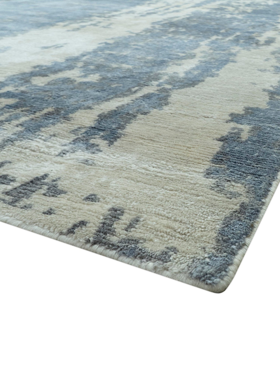 Modern Abstract Blue And Ivory Hand Knotted Wool Area Rug - The Rug Decor