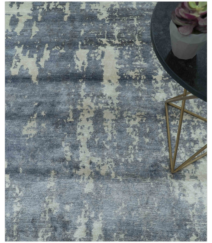 Modern Abstract Blue And Ivory Hand Knotted Wool Area Rug - The Rug Decor