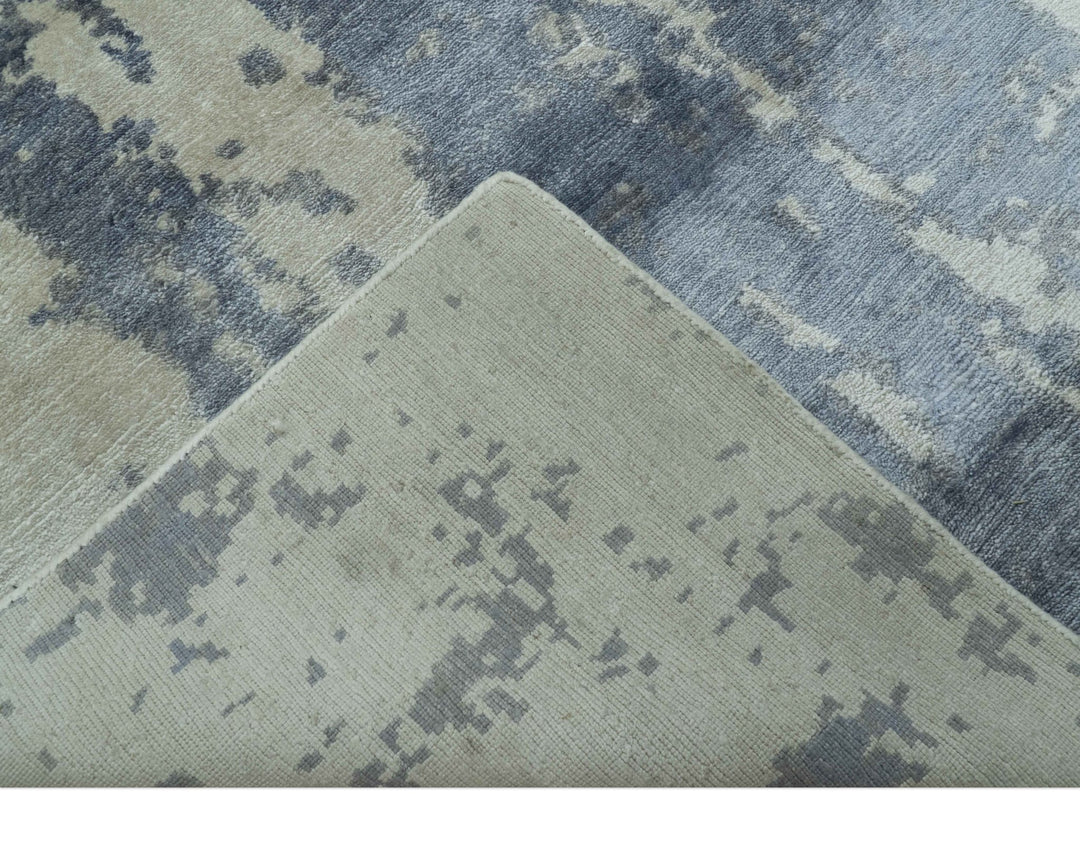 Modern Abstract Blue And Ivory Hand Knotted Wool Area Rug - The Rug Decor