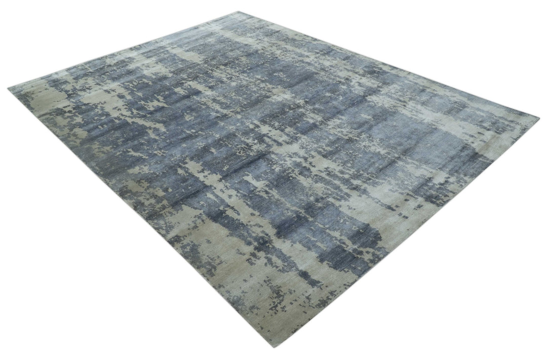 Modern Abstract Blue And Ivory Hand Knotted Wool Area Rug - The Rug Decor