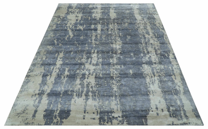 Modern Abstract Blue And Ivory Hand Knotted Wool Area Rug - The Rug Decor