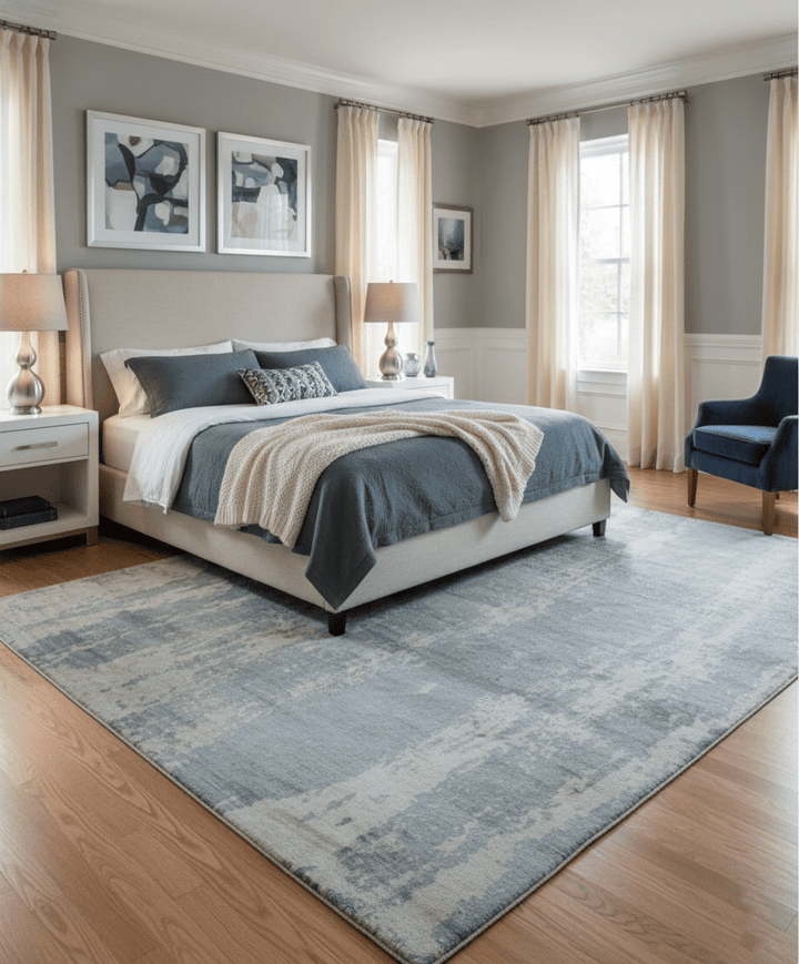 Modern Abstract Blue And Ivory Hand Knotted Wool Area Rug - The Rug Decor