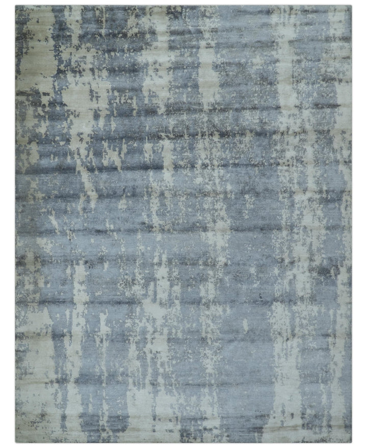 Modern Abstract Blue And Ivory Hand Knotted Wool Area Rug - The Rug Decor
