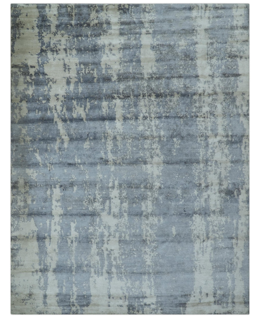 Modern Abstract Blue And Ivory Hand Knotted Wool Area Rug - The Rug Decor