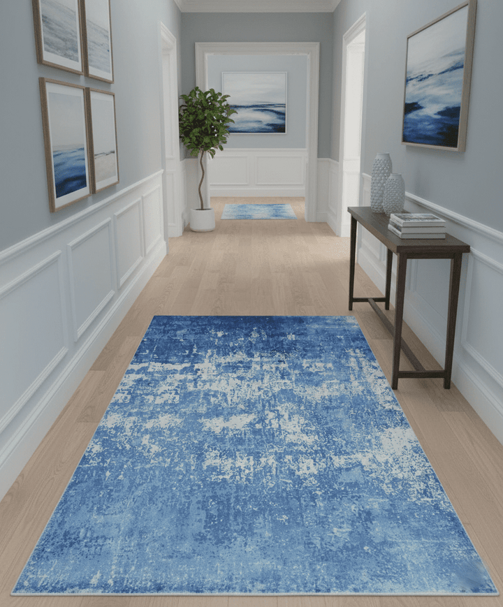 Modern Abstract Blue and Ivory Hand loom 5.6x8 Wool and Viscose Area Rug - The Rug Decor