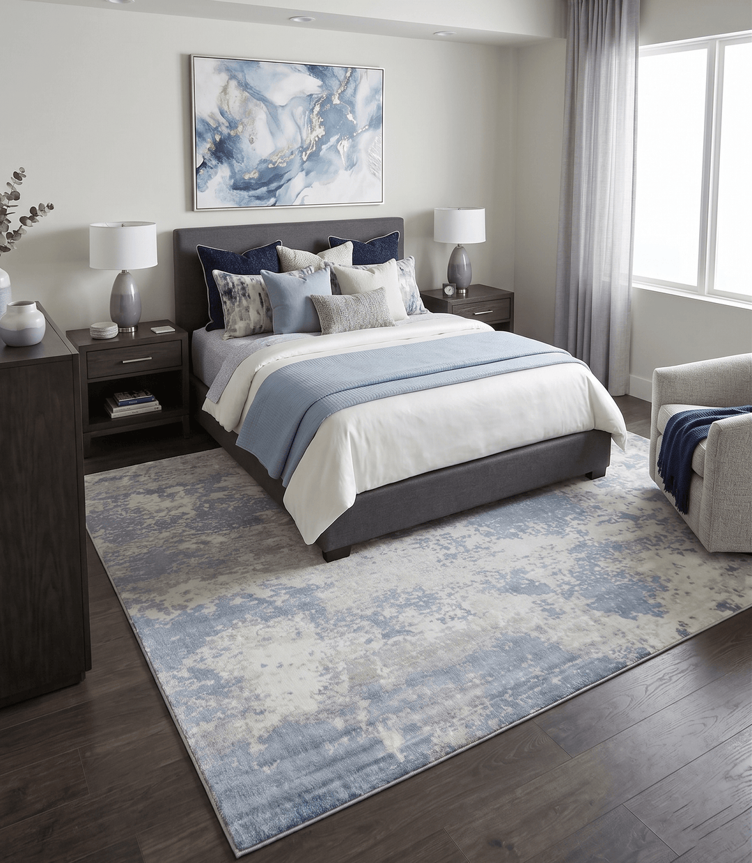 Modern Abstract Blue and Ivory Hand Loom 8x10 Viscose Area Rug - The Rug Decor