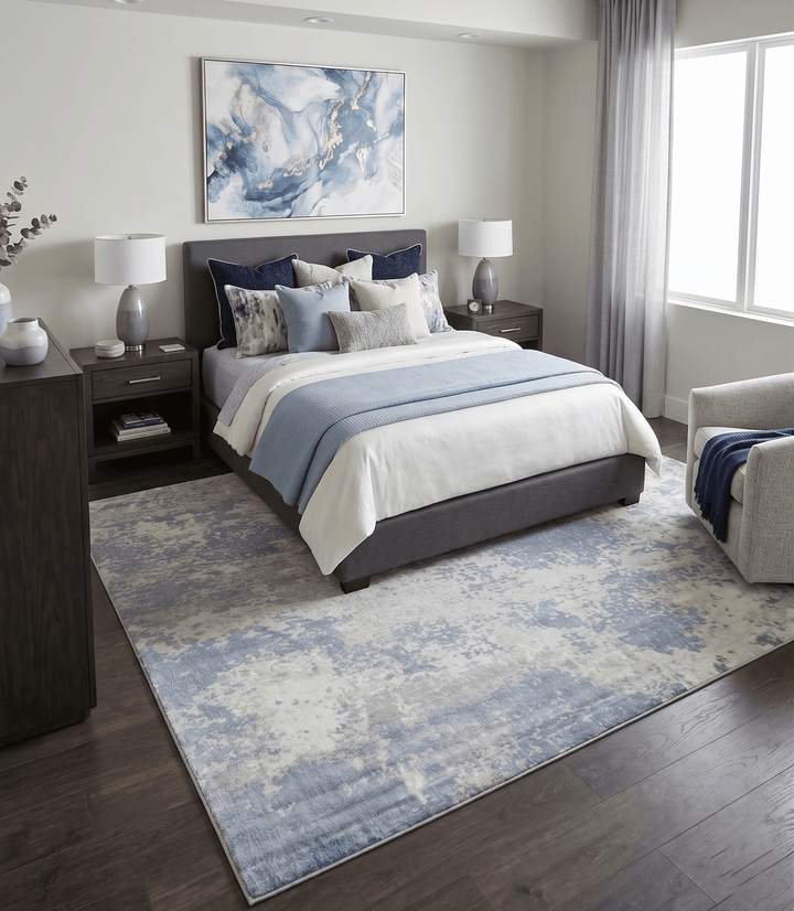 Modern Abstract Blue and Ivory Hand Loom 8x10 Viscose Area Rug - The Rug Decor