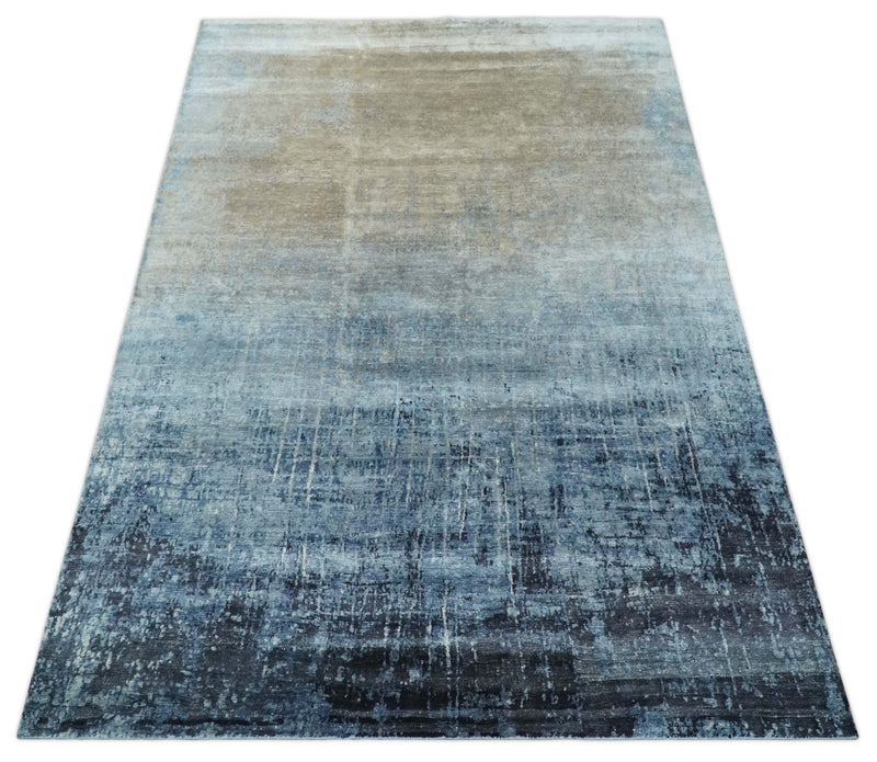 Modern abstract Blue, Aqua and Brown Hand Knotted 8x10 wool and Art silk Area Rug - The Rug Decor