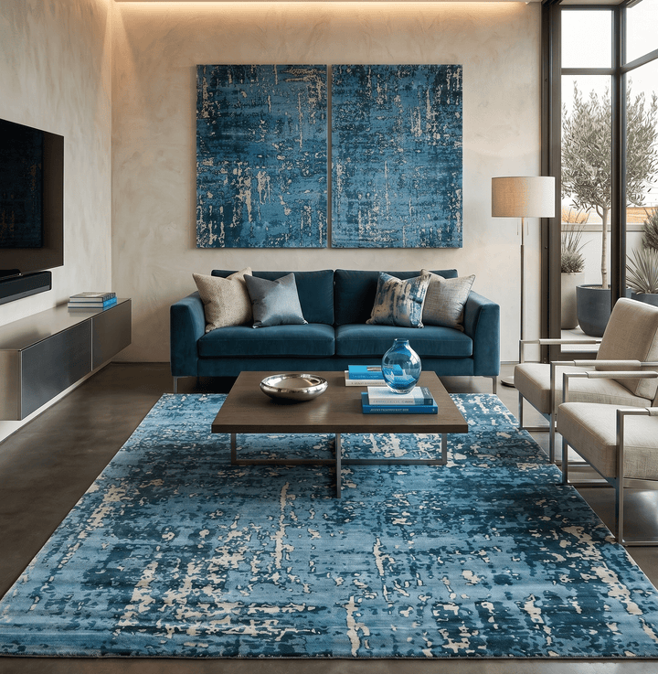 Modern Abstract Blue Hand Loom Blue and Ivory Bamboo Silk 8x10 Area Rug - The Rug Decor