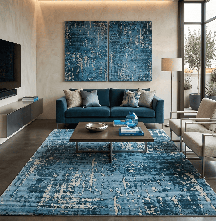 Modern Abstract Blue Hand Loom Blue and Ivory Bamboo Silk 8x10 Area Rug - The Rug Decor