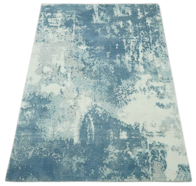 Modern Abstract blue, Ivory and Silver 4x6 Hand Knotted wool Area Rug - The Rug Decor
