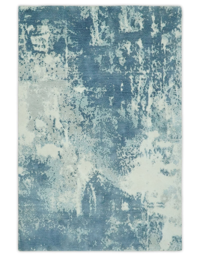 Modern Abstract blue, Ivory and Silver 4x6 Hand Knotted wool Area Rug - The Rug Decor
