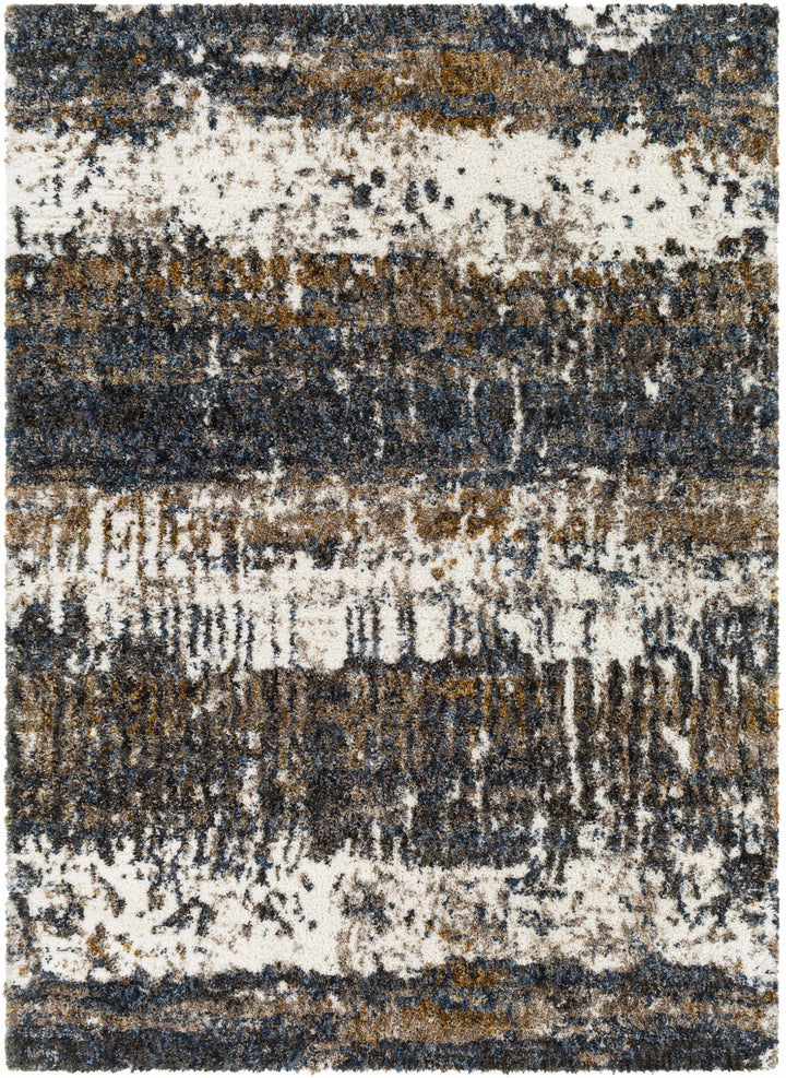 Modern Abstract Blue, Ivory, Gold and Brown Moroccan Style Plush Pile Area Rug - The Rug Decor