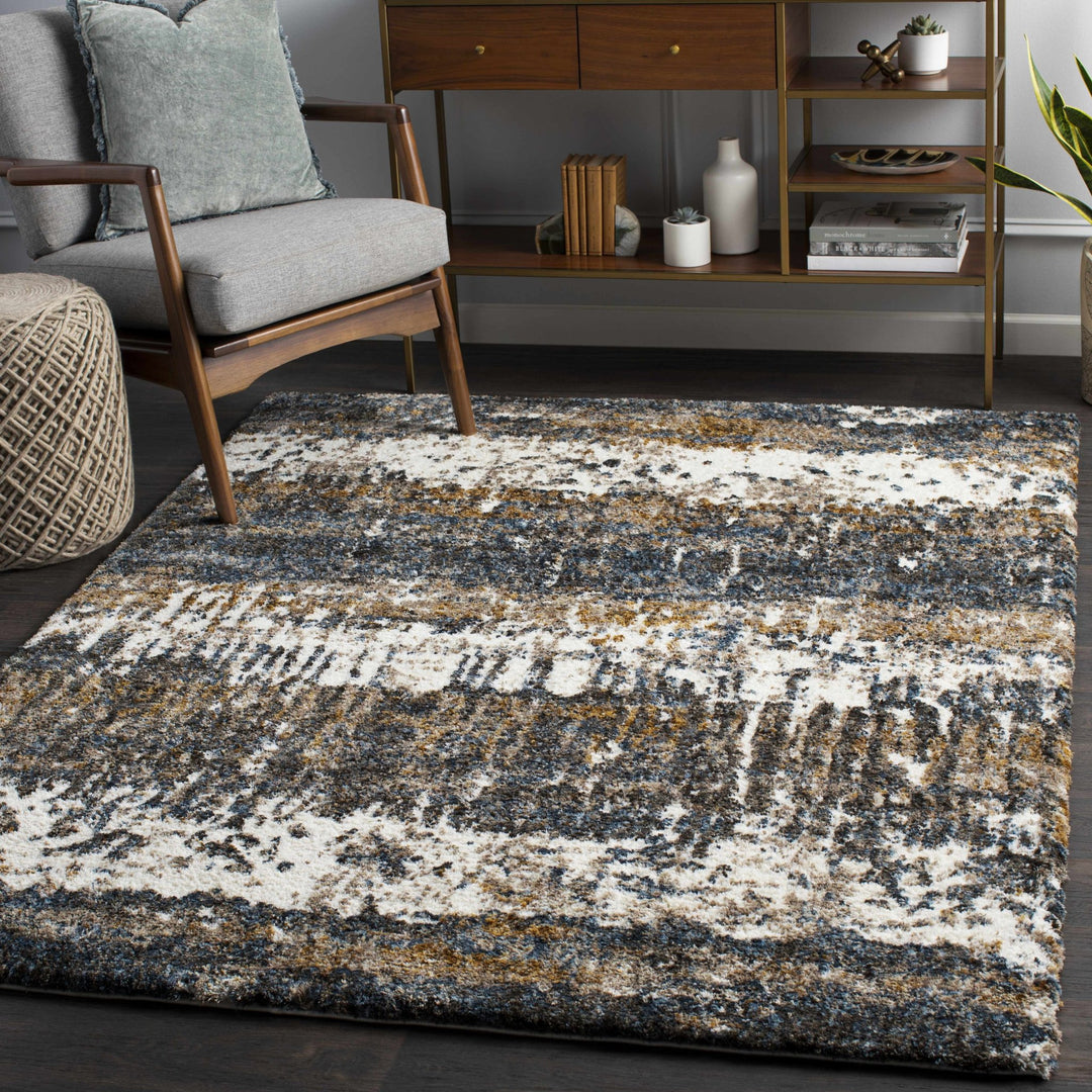 Modern Abstract Blue, Ivory, Gold and Brown Moroccan Style Plush Pile Area Rug - The Rug Decor