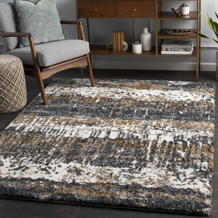 Modern Abstract Blue, Ivory, Gold and Brown Moroccan Style Plush Pile Area Rug - The Rug Decor
