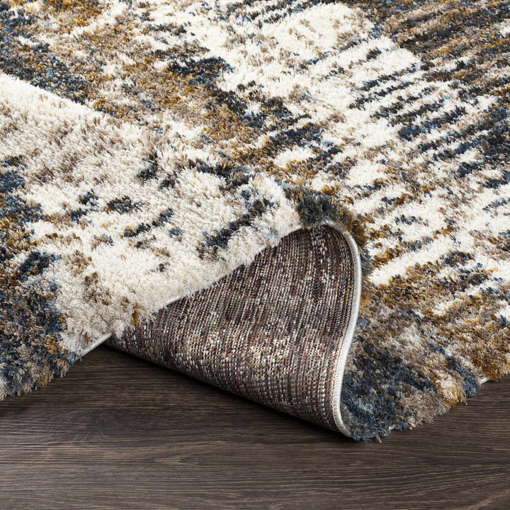Modern Abstract Blue, Ivory, Gold and Brown Moroccan Style Plush Pile Area Rug - The Rug Decor