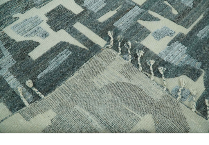 Modern abstract Carved Texture Green, Ivory and Silver 5x8 Hand Knotted Wool Area Rug - The Rug Decor