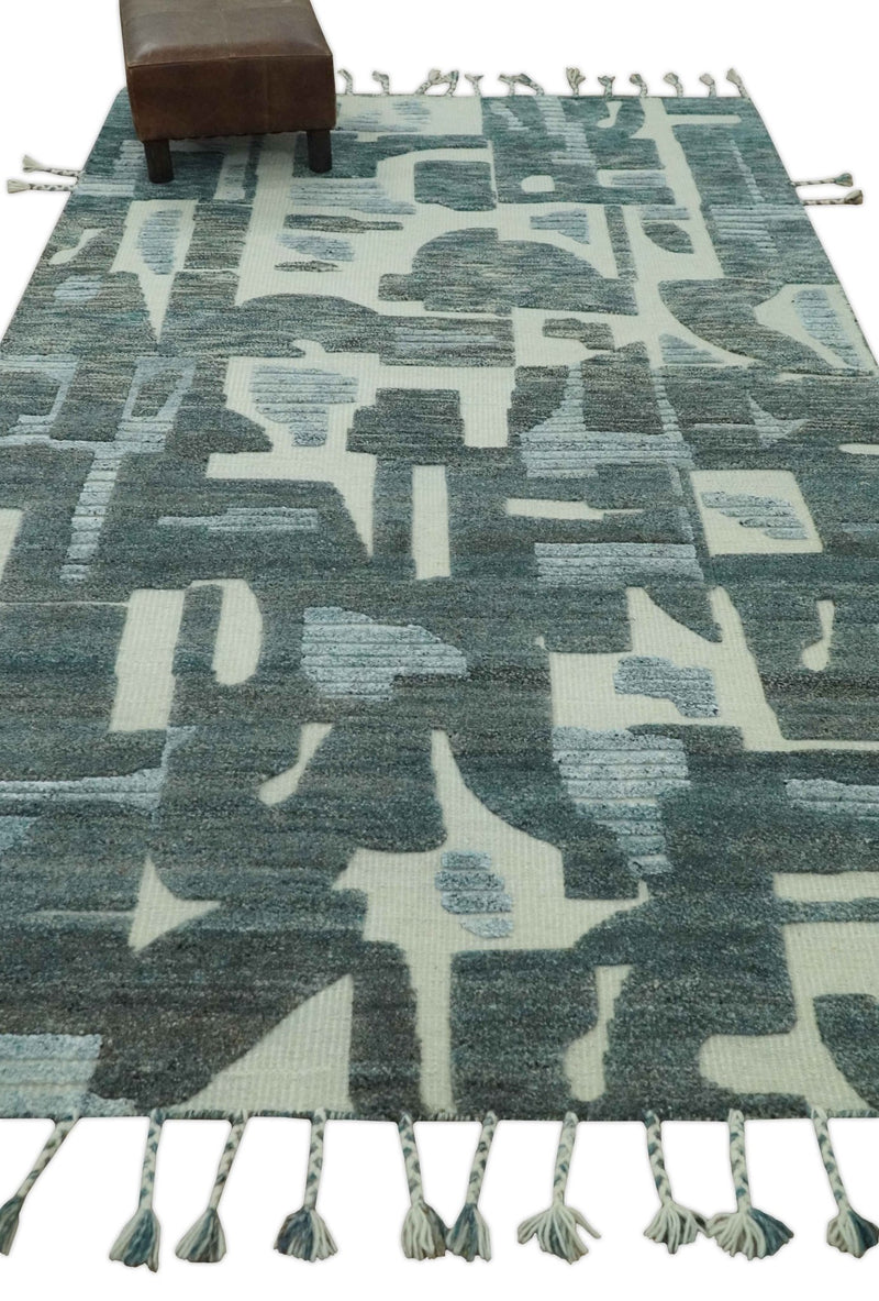 Modern abstract Carved Texture Green, Ivory and Silver 5x8 Hand Knotted Wool Area Rug - The Rug Decor