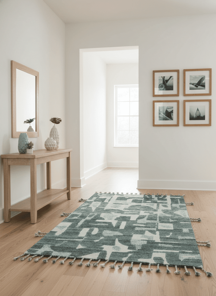 Modern abstract Carved Texture Green, Ivory and Silver 5x8 Hand Knotted Wool Area Rug - The Rug Decor