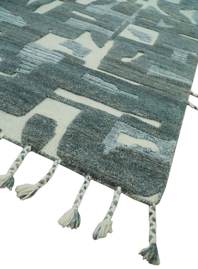 Modern abstract Carved Texture Green, Ivory and Silver 5x8 Hand Knotted Wool Area Rug - The Rug Decor