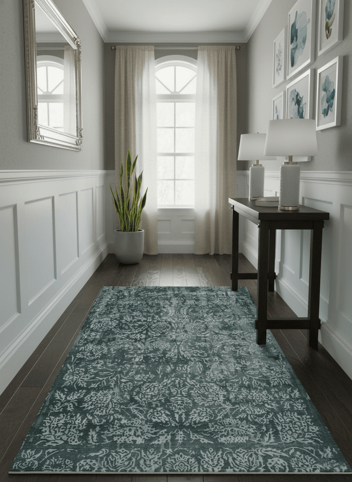 Modern Abstract Charcoal, Grey and Silver Hand Knotted 6x9.4 Floral Wool and Silk Area Rug - The Rug Decor