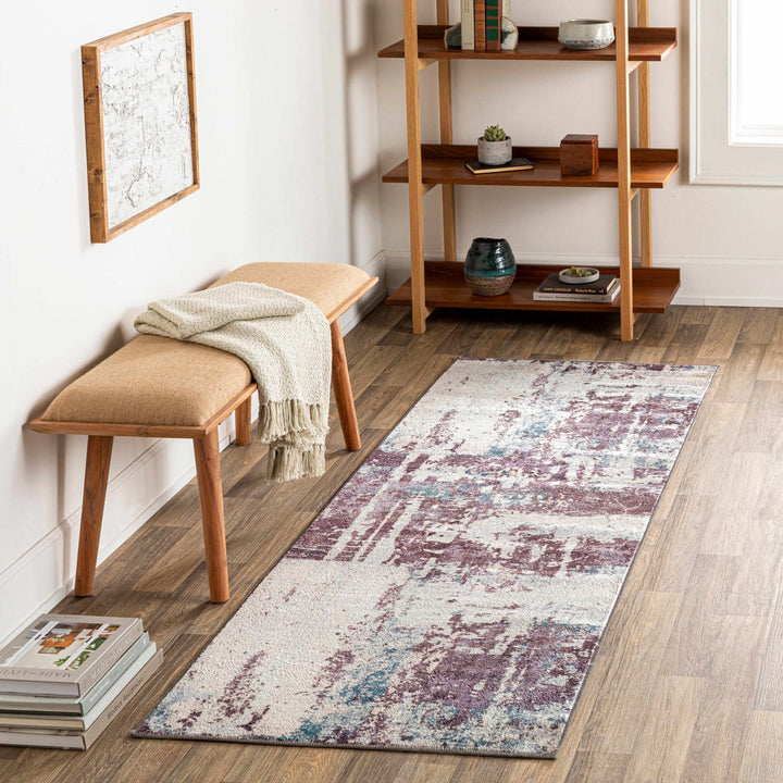 Modern Abstract Dark Purple, Beige and Blue Washable Area Rug - The Rug Decor