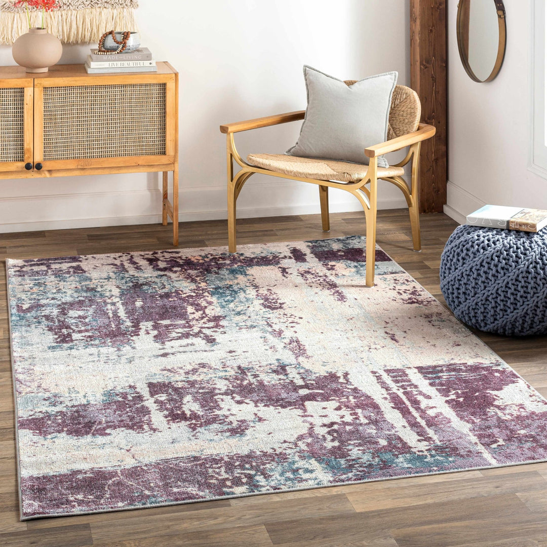 Modern Abstract Dark Purple, Beige and Blue Washable Area Rug - The Rug Decor
