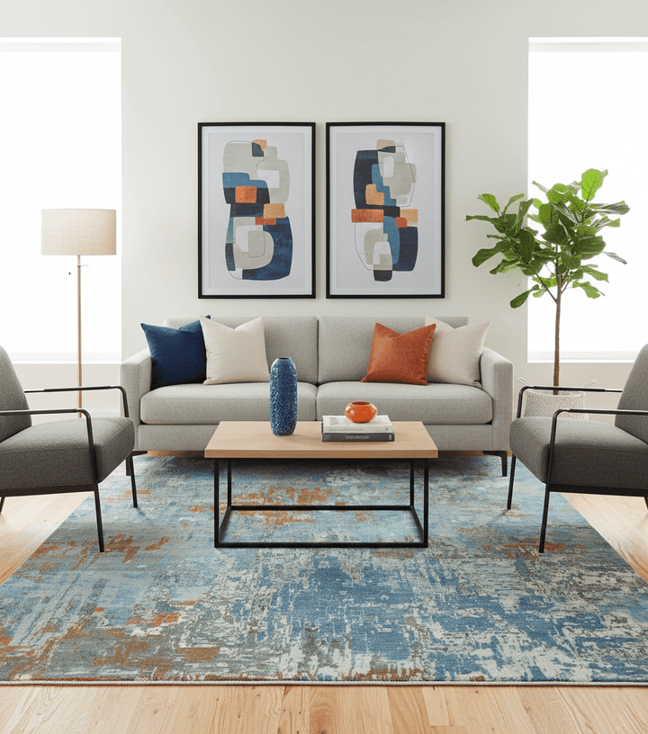 Modern Abstract Design Beige And Blue 8x10 Hand Knotted Wool, Art Silk Rug - The Rug Decor