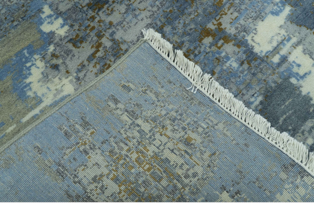 Modern Abstract Design Beige And Blue 8x10 Hand Knotted Wool, Art Silk Rug - The Rug Decor