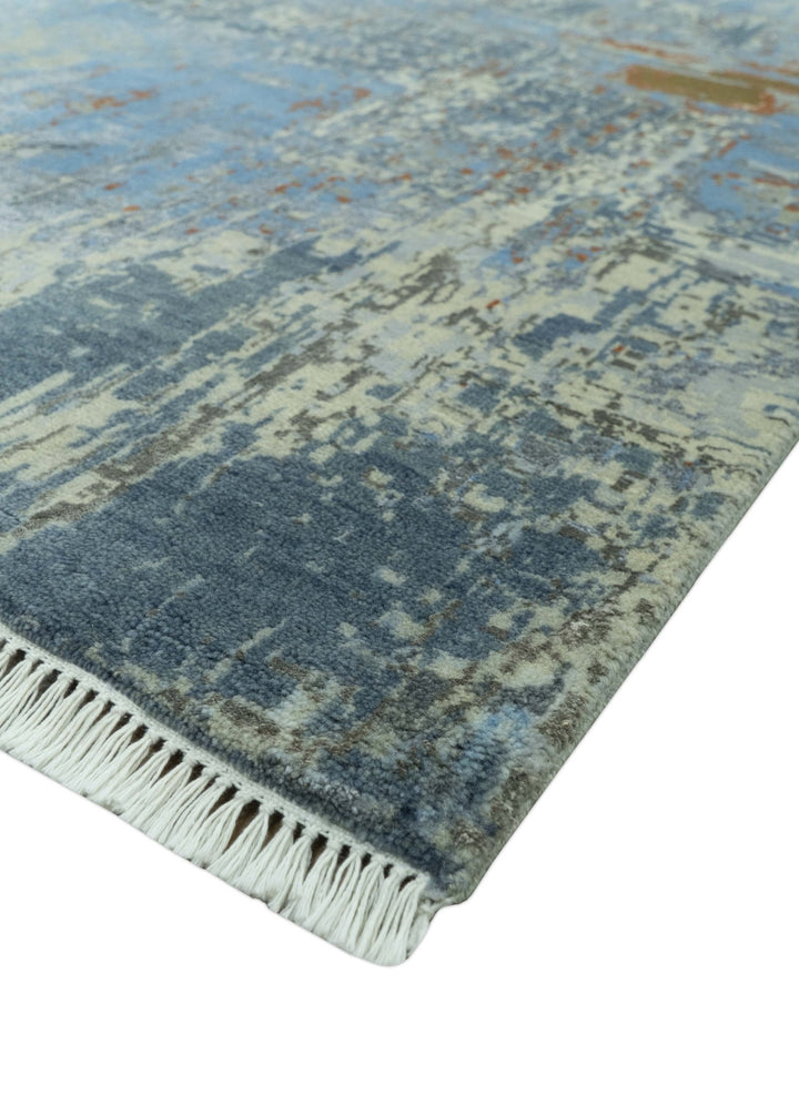 Modern Abstract Design Beige And Blue 8x10 Hand Knotted Wool, Art Silk Rug - The Rug Decor