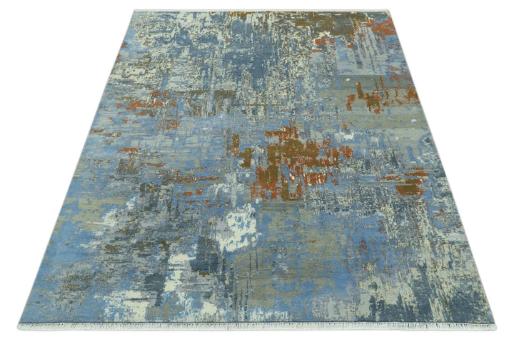 Modern Abstract Design Beige And Blue 8x10 Hand Knotted Wool, Art Silk Rug - The Rug Decor